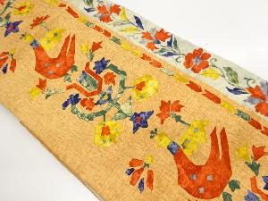 縞に鳥・草花模様名古屋帯